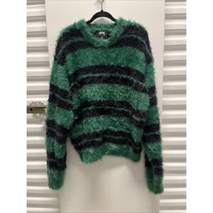 Rare Stussy Men's Hairy Stripe Crew Sweater Black/Green Size Large Excellent